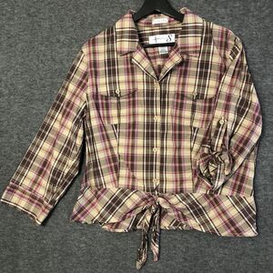 Jones Wear Shirt Womens 1X Button Up Tie Waist Pink Brown Tan Roll Tab Sleeve